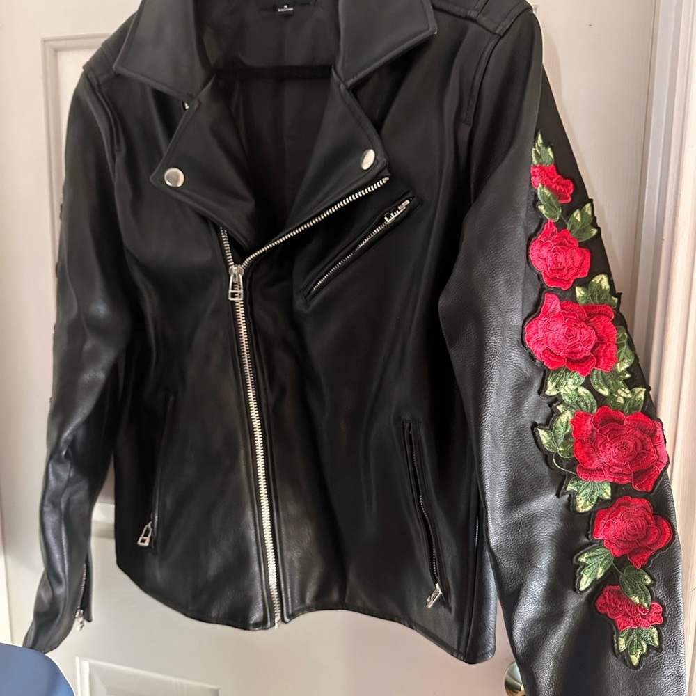 Black Faux Leather Jacket with Red Floral Embroidery Roses Medium